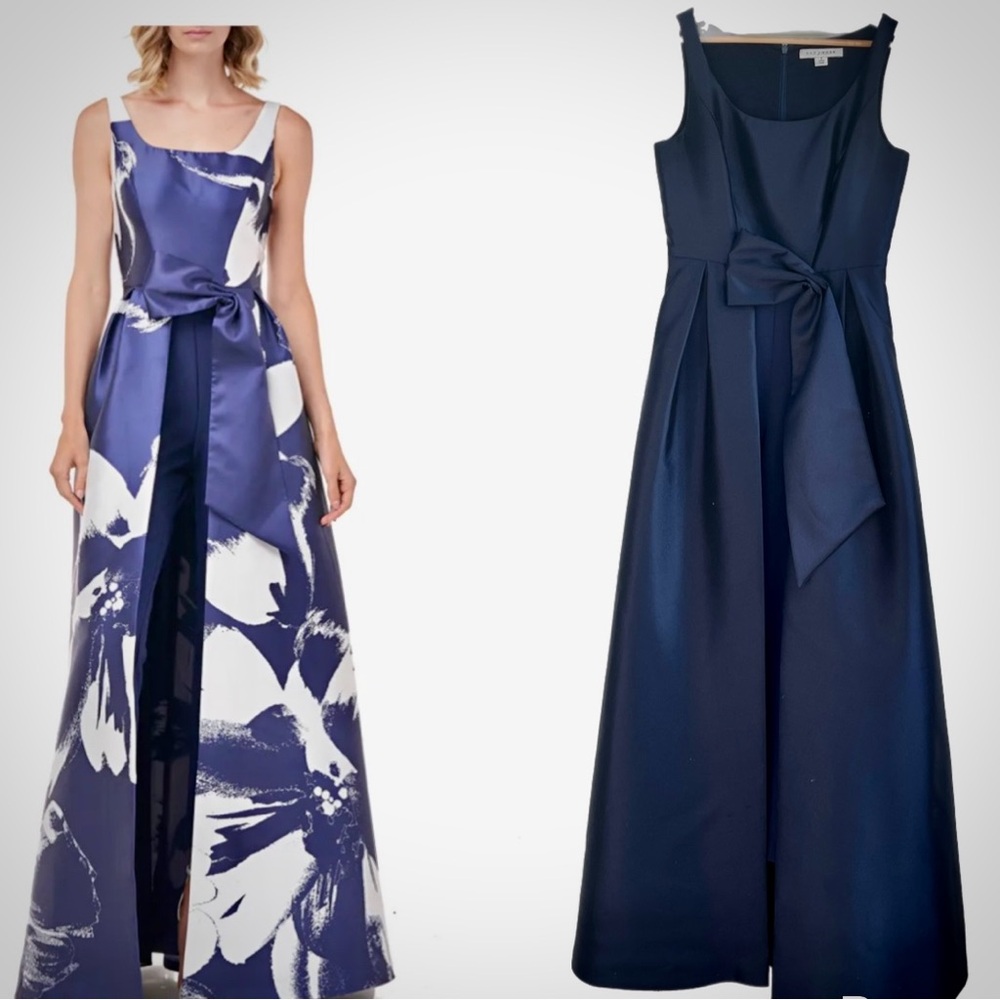 Kay Unger New York Sophie Jacquard Jumpsuit, Navy Floor Length Skirt Overlay Sz6